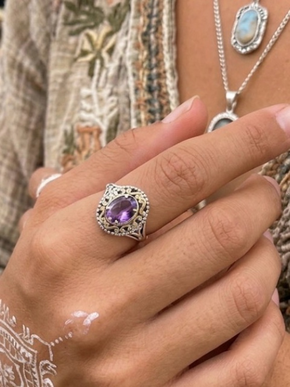Jeanex 18k gold and sterling silver amethyst ring Designer Signed